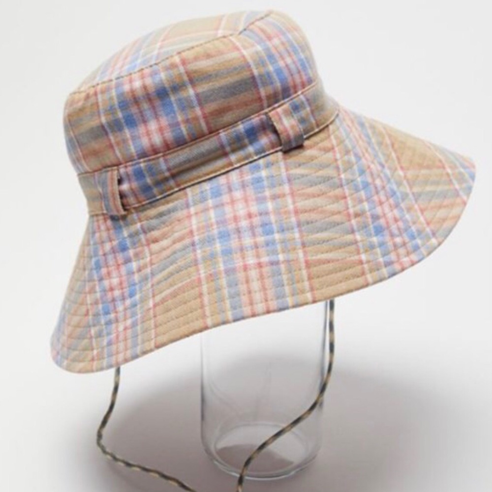 Urban Outfitters Plaid Bucket Sun Hat Drawstring Chin Strap Pastel OS NEW